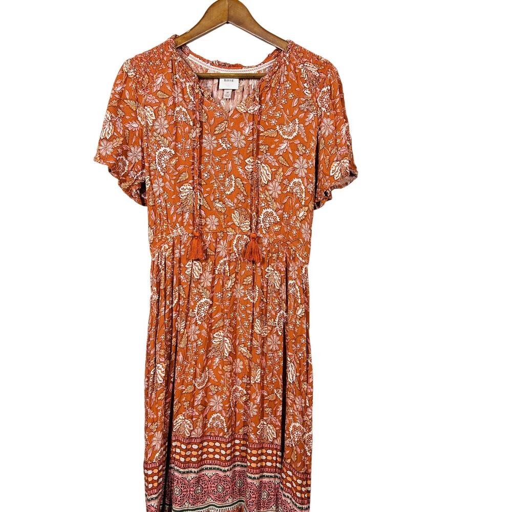Knox Rose Floral Midi Peasant Dress Terra Cotta Flutter Sleeve - M